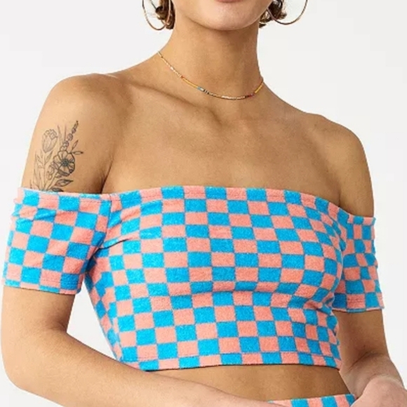 SO Off Shoulder Terry Blue Coral Check Top Size Large - Picture 1 of 4